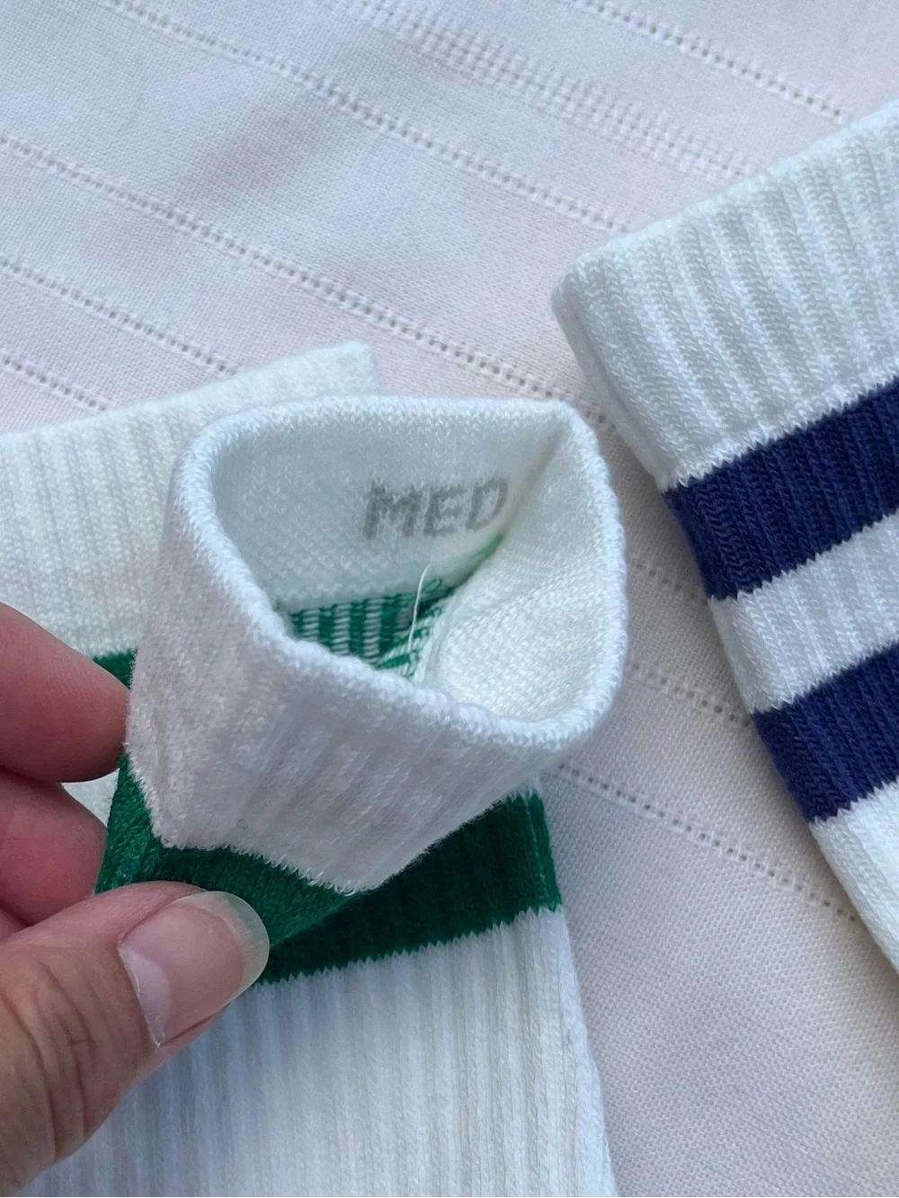 Bombas White Athletic Crew Socks with Green and Navy Stripes